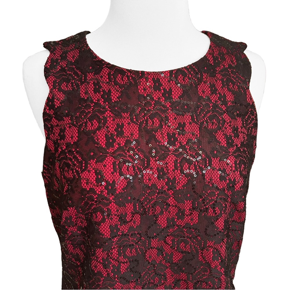 Anne Klein Black and Red Floral Lace Sequin Mini Dress - Picture 3 of 5